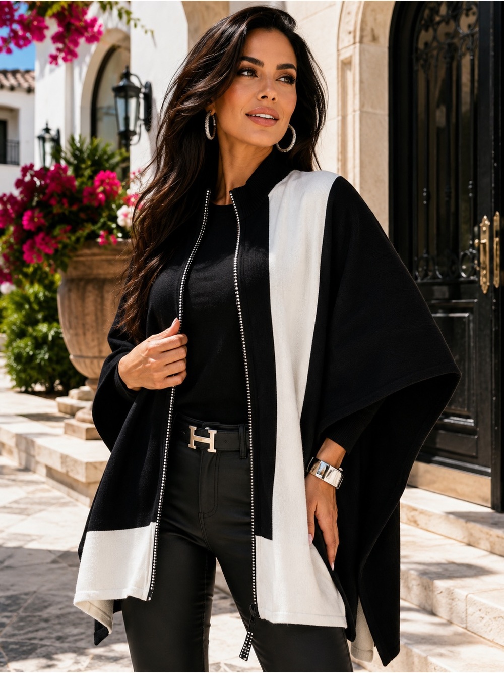 NWT CHICO’S Black White Colorblock Rhinestone Zip Ruana Poncho Sweater S/M